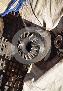 Different cog wheels dismantled from the drive l