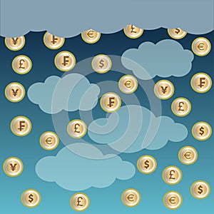 Different coins falling from clouds, business and finance concept