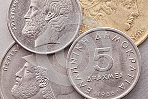 Different coins of old Greek money