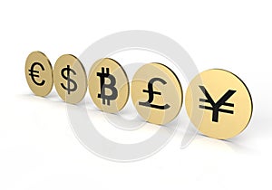 Different coins on white background. Forex concept. 3d rendering