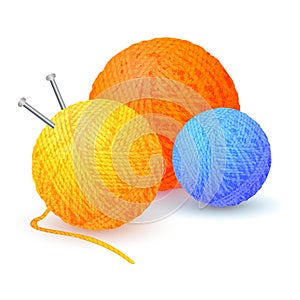 Different color balls of yarn threads. Bundles of wool for knitting isolated on white background. Realistic detailed colored yarn