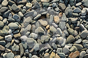 Different color beach stone pebbles at seashore outdoors top view.