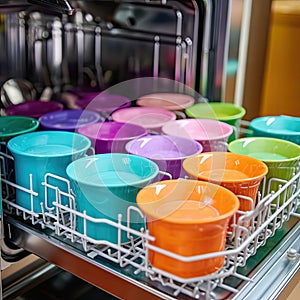 Different color bright cups standing in dishwashing machine shelf upside down. Kitchen technics