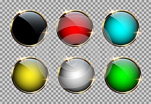Different color buttons with golden rings isolated on transparent background. Vector design elements.