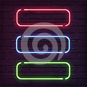 Different color neon frames. Vector realistic neon rectangles on brick wall. photo