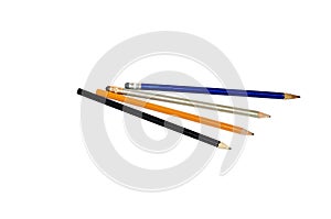 Different color pencils isolated on white. Blue, gray, orange and black graphite wooden pencils for cut out