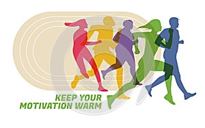 Different color shapes of runners and joggers. Advertisement of competitions, sports clubs, maraphone, healthy lifestyle. Vector