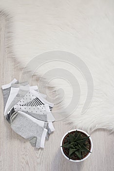 Different color socks on a gray wooden floor, fur carpet and plant. Shopping concept