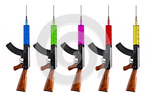 Different color syringes with vaccine as rifles for virus destruction isolated on white background.