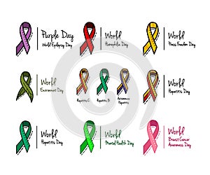 Different colored awareness ribbon collection. Set of colorful awareness ribbons regarding mental health, hemophilia and