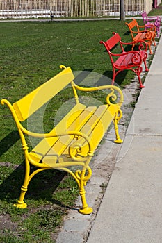 Different colored benches