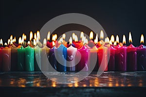 different-colored candles burning in unison on a dark table