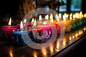 different-colored candles burning in unison on a dark table