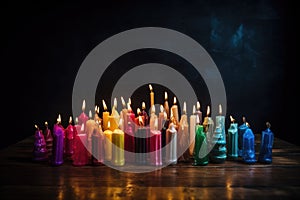 different-colored candles burning in unison on a dark table