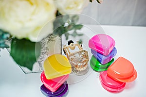 Different colored dentist tools at dental office.