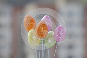 Different colored easter eggs with blurred background