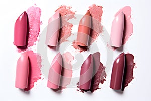 Different colored lipsticks with color swatches