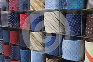 different colored men ties at garment store ties are