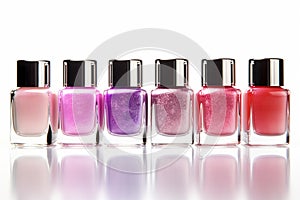 Different colored nail polish bottles in a row on white background