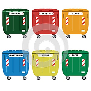 Different colored recycle waste bins illustration.Colored waste bins with trash