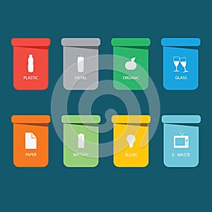 Different colored recycle waste bins illustration.Colored waste bins with trash