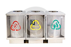 Different colored recycle waste bins. Waste types segregation recycling