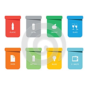 Different colored recycle waste bins vector illustration.Colored waste bins with trash