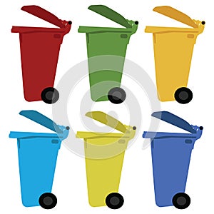 Different colored recycle waste bins vector illustration with trash.