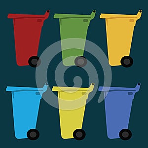 Different colored recycle waste bins vector illustration with trash.