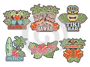 Different colored stickers and badges set with symbols of hawaiian culture