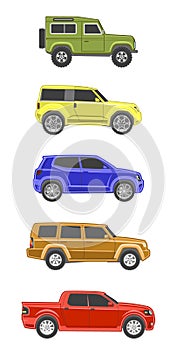 Different colored suv car off-road 4x4 icon set