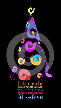 Different and colorful Christmas card decorated with abstract Xmas tree in several languages black SPANSISH photo