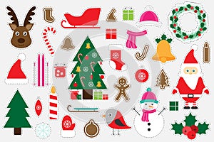 Different colorful christmas pictures for children, fun education game for kids, preschool activity, set of stickers, vector illus