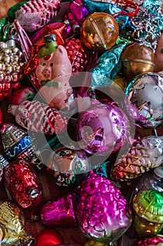 Different colorful Christmas toys ,golden fish, stars, cones. New year.Christmas background
