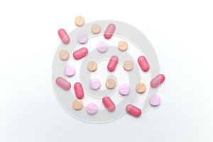 Different colorful drugs or medicine pills tablet supplements