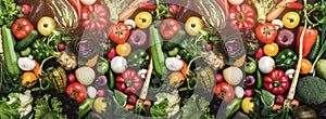 Different colorful fresh vegetables all over the table in full frame. Healthy food and with many vitamins. Top view