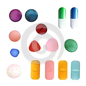 Different Colorful Medicine Pills and Capsules. Vector Set. Isolated On white background