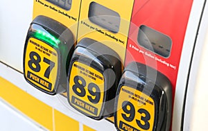 Different colorful Octane rating selection buttons on a gas pump