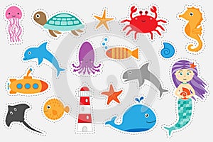 Different colorful pictures of ocean animals for children, fun education game for kids, preschool activity, set of stickers,