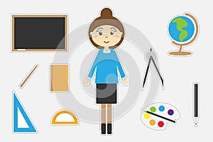 Different colorful school pictures for children, fun education game for kids, preschool activity, set of stickers, vector