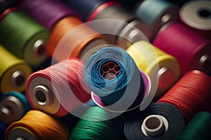 Different colorful sewing threads on wooden table, closeup