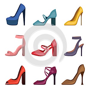 Different colorful women shoes set. High heels stiletto womens shoe collection. Fashion footwear for girls.