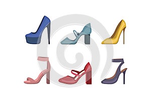 Different colorful women shoes set. High heels stiletto womens shoe collection. Fashion footwear for girls.