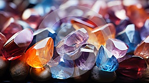 Different Colors of Beautiful Crystal Polished Gemstones Selective Focus Background