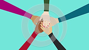 Different colors of hands gathering, anti-racism concept 4K animation, Racial equality, and global friendship concept with diverse