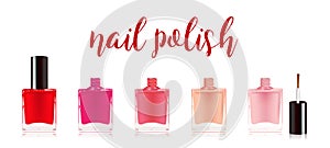 Different colors nail polish set. Nail varnish in the bottle with the bottle lid, isolated on white background. Vector