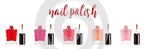 Different colors nail polish set. Nail varnish in the bottle with the bottle lid, isolated on white background. Vector