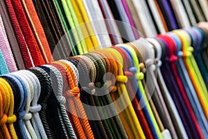 different colors of shoelaces or rope on the shelves of a clothing factory or production