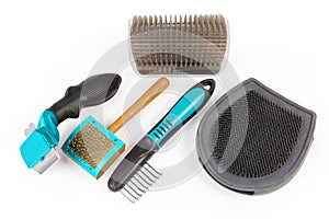 Different combs and brushes for care of pets hair