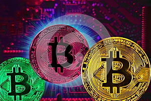 Different complex colors of coin bitcoin on a pumper electronic background